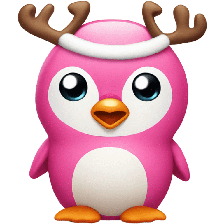 Cute pink penguin with reindeer antlers emoji