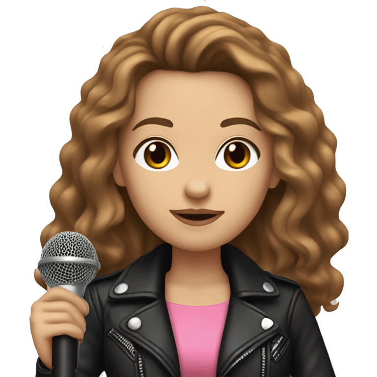 White Woman, Long Brown Wavy Hair, Brown Eyes, Wearing A Pink Dress and a Black Leather Jacket, holding a microphone  emoji