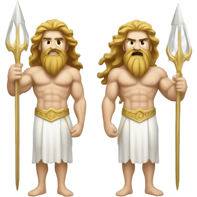 white Poseidon with gold Trident. long hair white dress. show biceps emoji