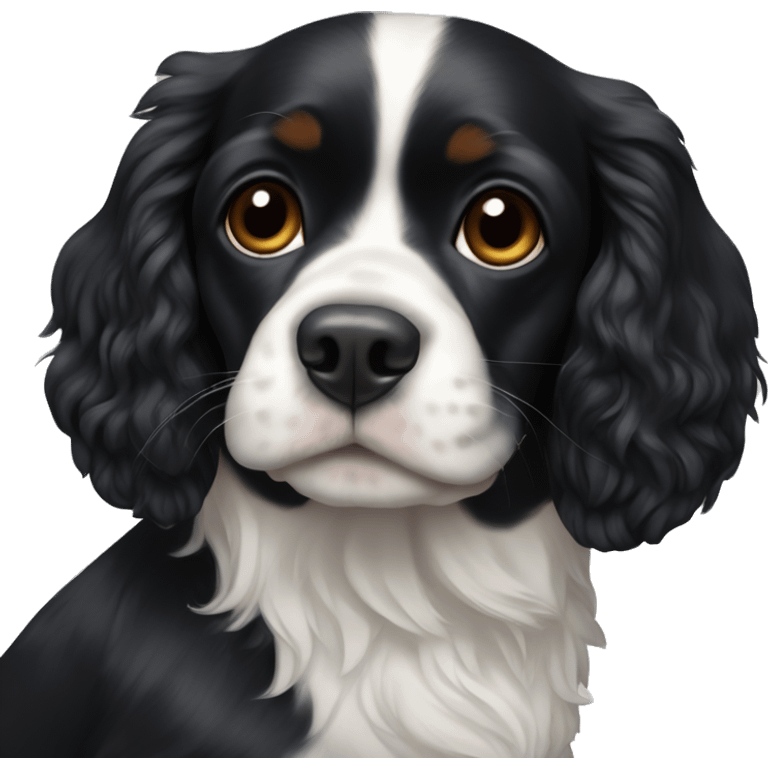 Small completely black king spaniel with black fur on his whole face and white stripe on chest emoji