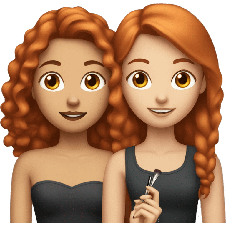 "A fair-skinned, red-haired girl doing makeup on her friend." emoji