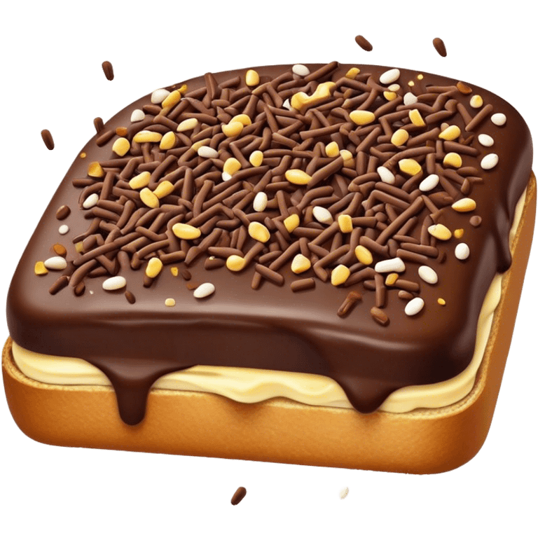 Hagelslag Cinematic Realistic Hagelslag Treat Emoji, depicted as crunchy chocolate sprinkles scattered on a slice of buttered bread, rendered with vivid textures and playful, inviting lighting. emoji