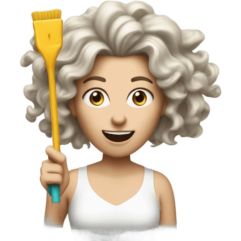 40-year-old white woman woman partying dizzyingly, with long frizzy hair and party tools. She looks dizzy, disheveled and fun emoji