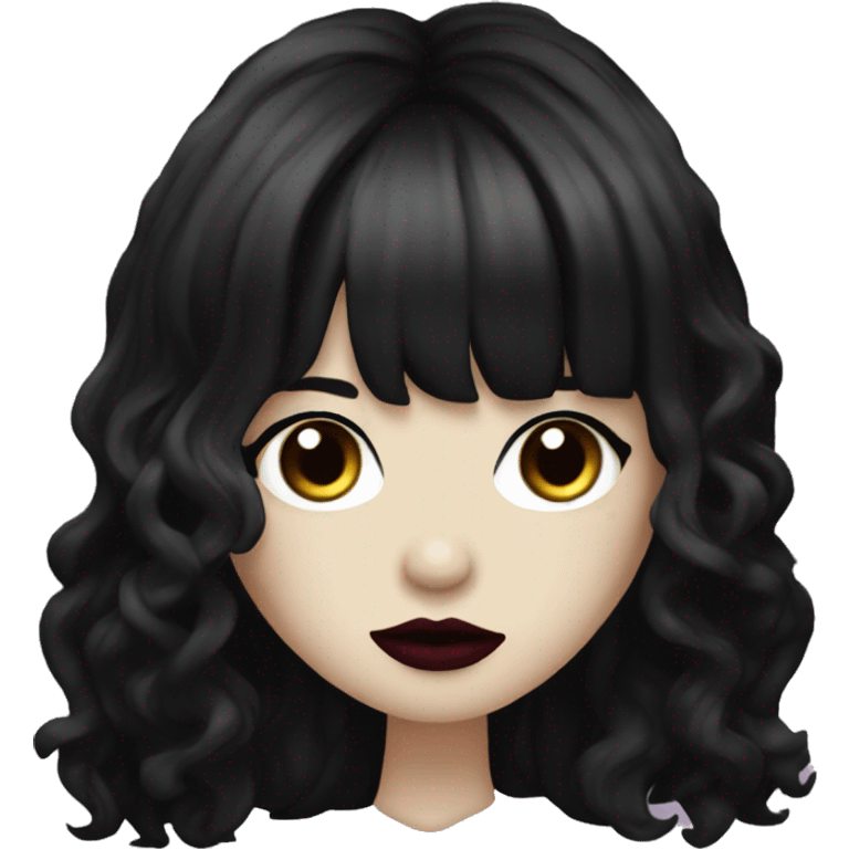 one woman long black wavy hair, curtain bangs, goth girl, white skin, burgundy lips, black eyes emoji