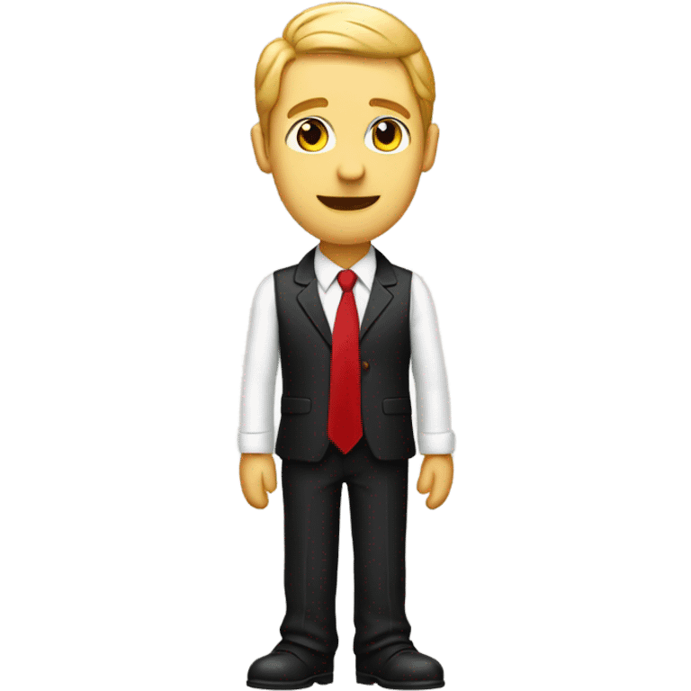 Full body picture of a male in a black suit with a white shirt and red tie holding his hand out flat as if something is resting in it emoji