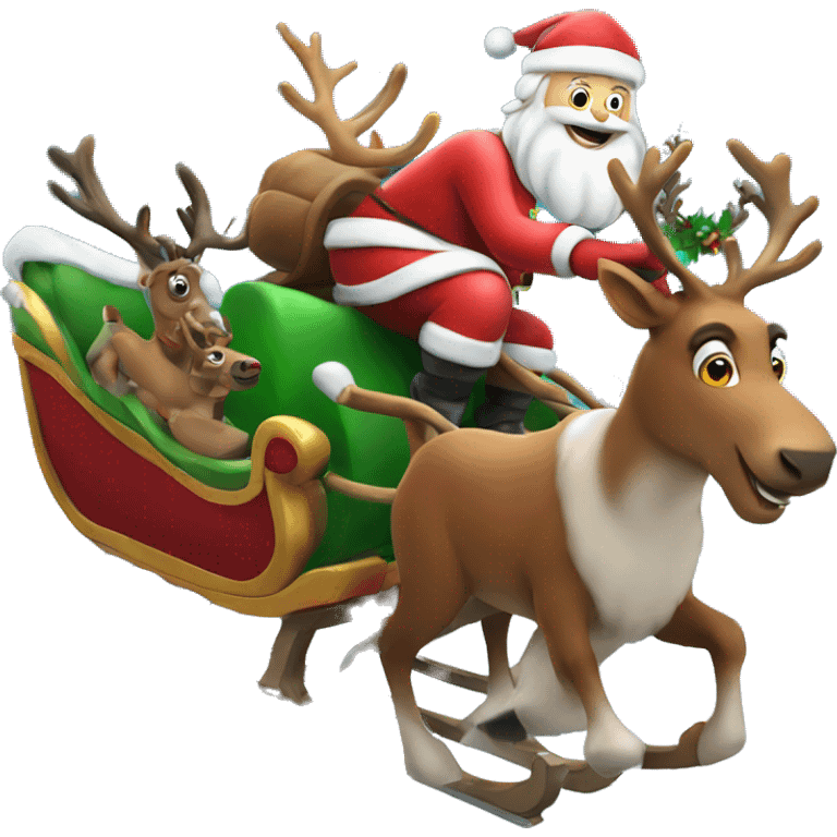 Santa in his sleigh being lead by his flying reindeer  emoji