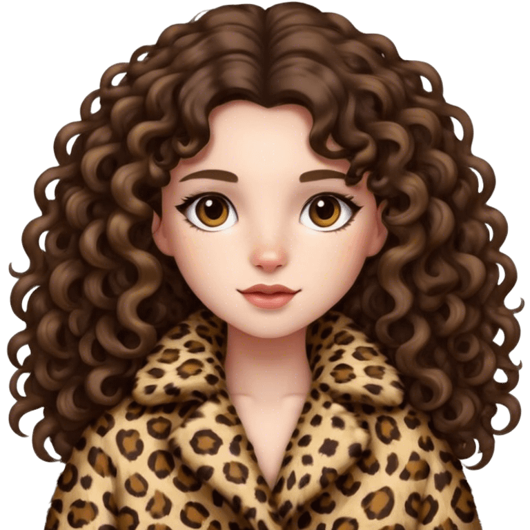 Brunette girl with long curly hair in fluffy leopard print coat  emoji