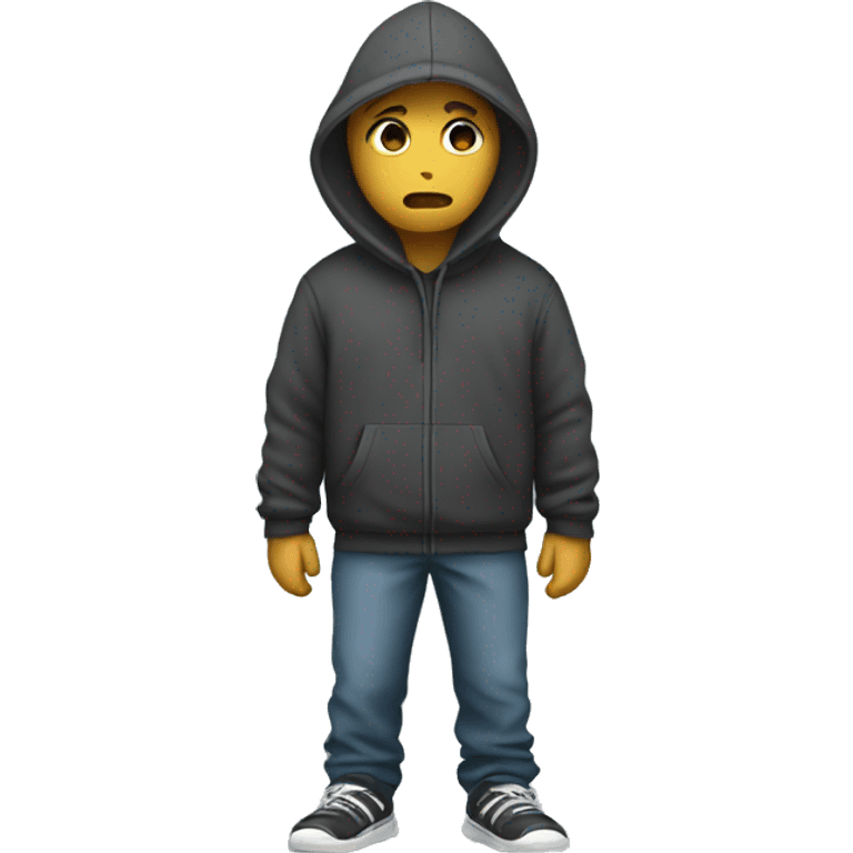 person with hoodie on looking sad and walking with hands in his hoodie emoji