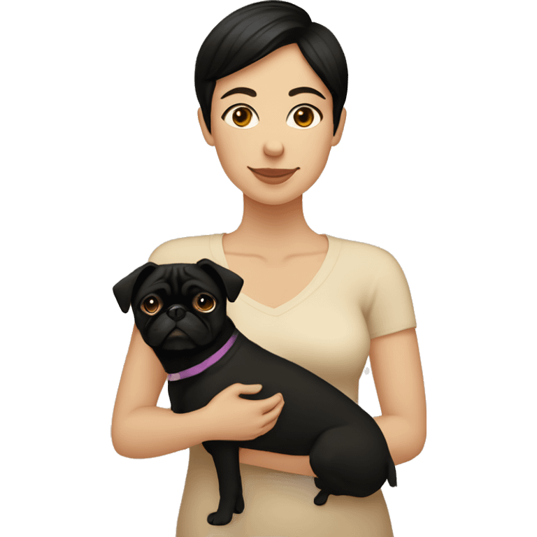 Lesbian woman Black short hair causacian sking hugging a pug color beige emoji