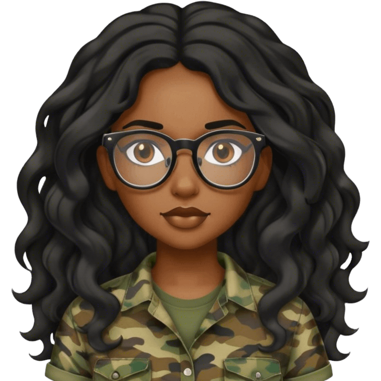 black Girl with long wavy black hair and glasses and a camo shirt emoji