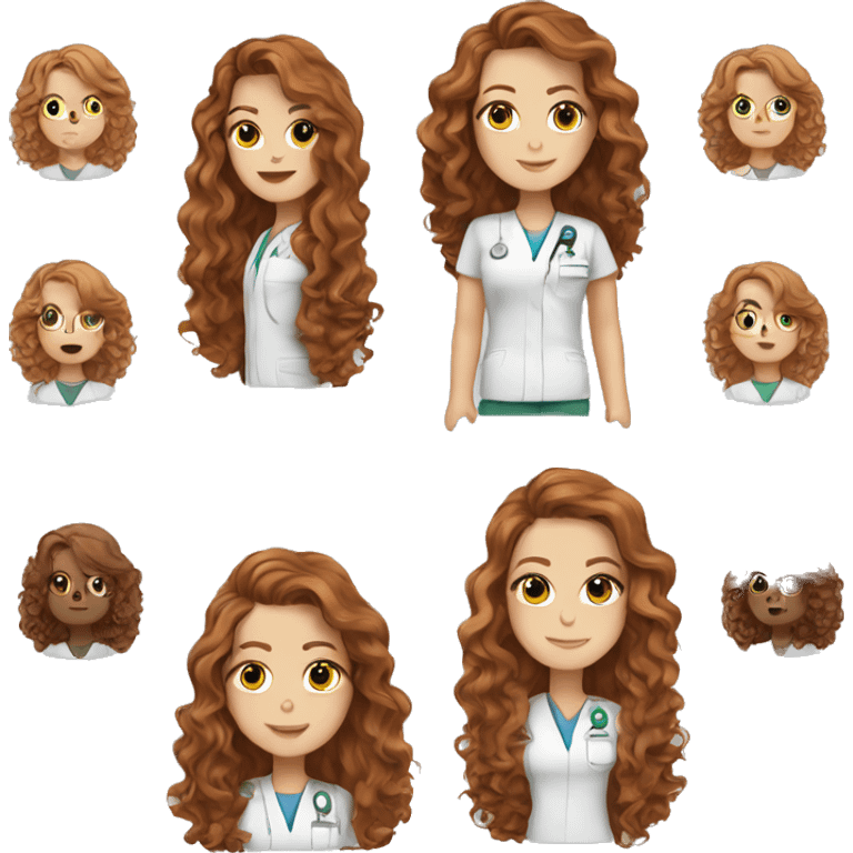 white girl. long curly auburn hair. Scrubs.  emoji