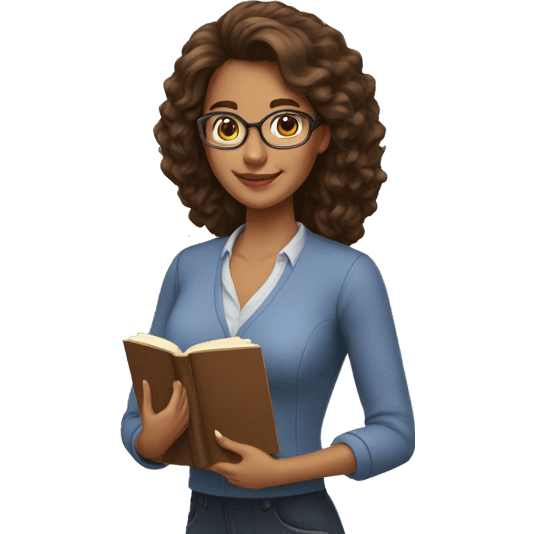 woman teacher brown large hair and clear skin with book emoji