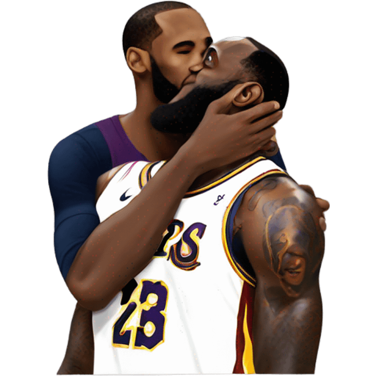 Tall guy with long hair kissing LeBron James  emoji