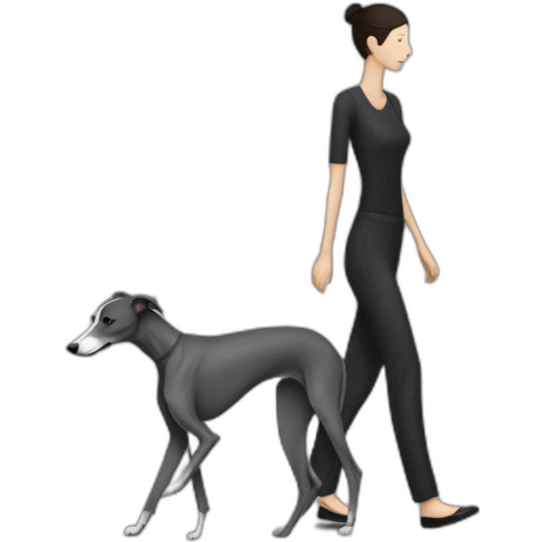 skinny all dark grey whippet walking with dark haired women  emoji