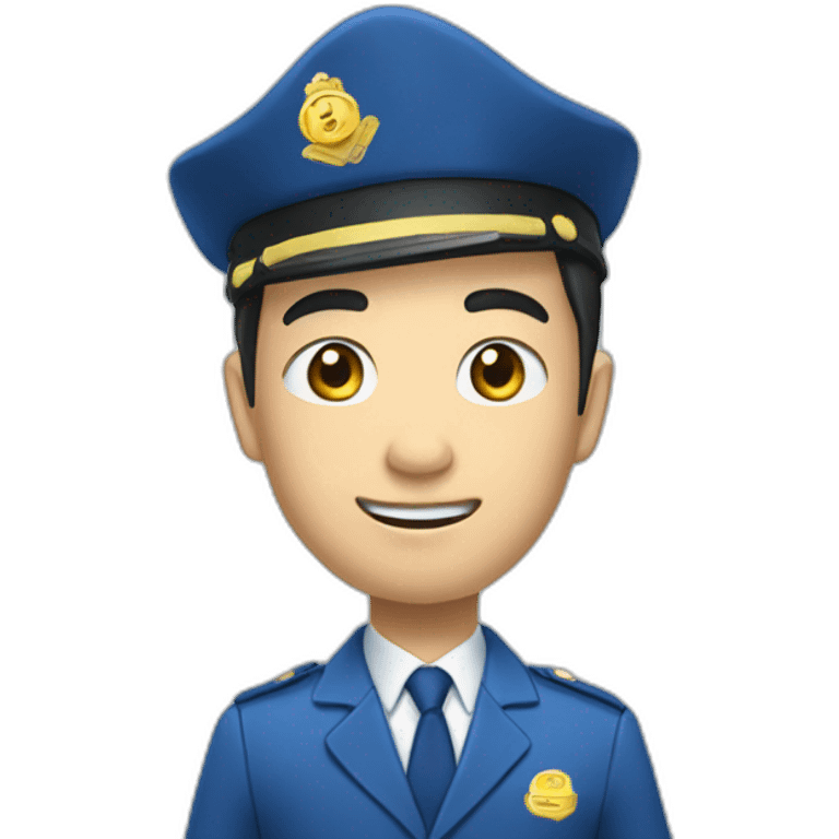 young asian deputy in blue suit and blue scullcap waves his hand emoji