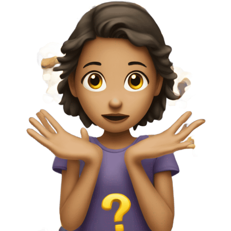 young girl with hands extended outward, surrounded by question marks emoji