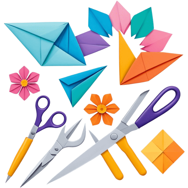 "Paper crafting icon, various paper crafts like origami, paper flowers, and scrapbooking materials, visible tools such as scissors, glue stick, and paper sheets, colorful paper patterns, minimalistic style, clean lines, transparent background." emoji