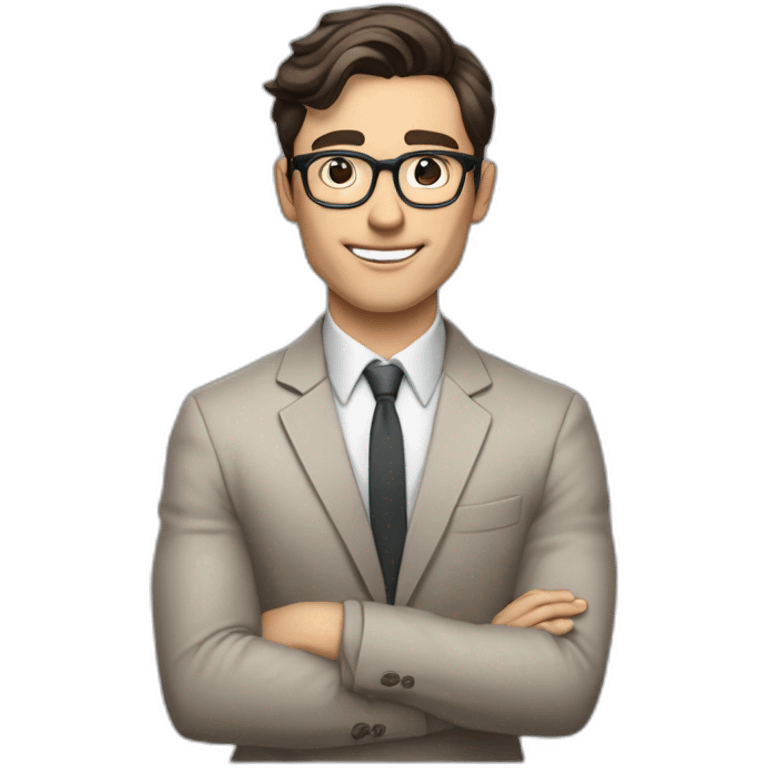 Pale skinned Fit Man With dark brown hair in gray jacket, beige office shirt and vintage glasses sitting In a soft chair with a notebook with emblem Ψ and a pen in his hands emoji