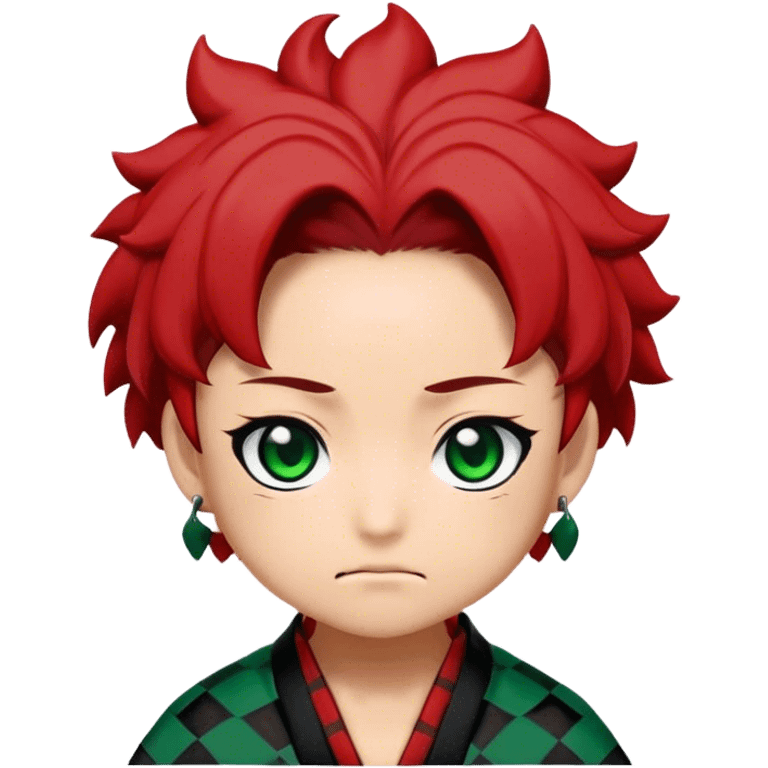 A chibi-style emoji of Tanjiro Kamado's face from Demon Slayer. Green and black checkered haori collar, red hanafuda earrings, determined expression, anime eyes, soft shading, white background, minimalist kawaii design. 2D flat vector, no text. The style is cute, simple, and expressive emoji