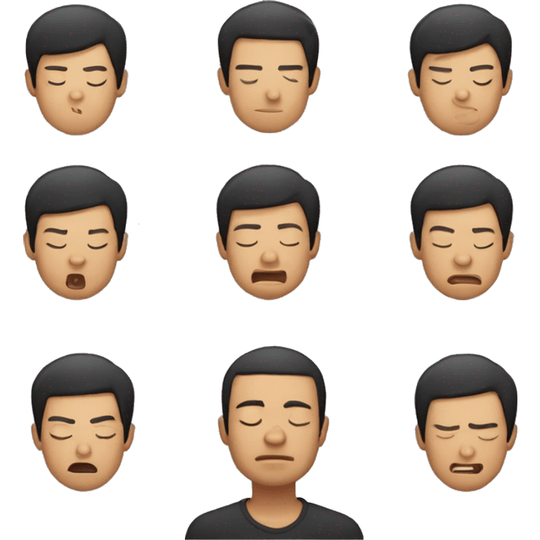 Black hair, short hair, Asian man, snoring with eyes closed, sunburnt skin, black T-shirt emoji