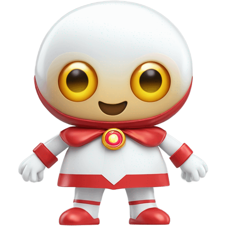 Very shiny full body character with pill capsule head with retro antennae and jetsons aesthetic sailor moon eyes  puffy body and welcoming waving arms Japanese animation inspired Anpanman with big boots and antennae red and white colors only emoji