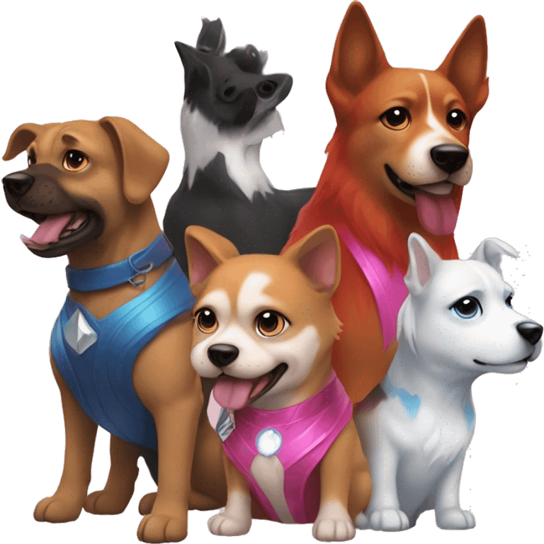 create 3 dogs one is blue and white, pink and orange, and rainbow and the owner is the scarlet witch emoji