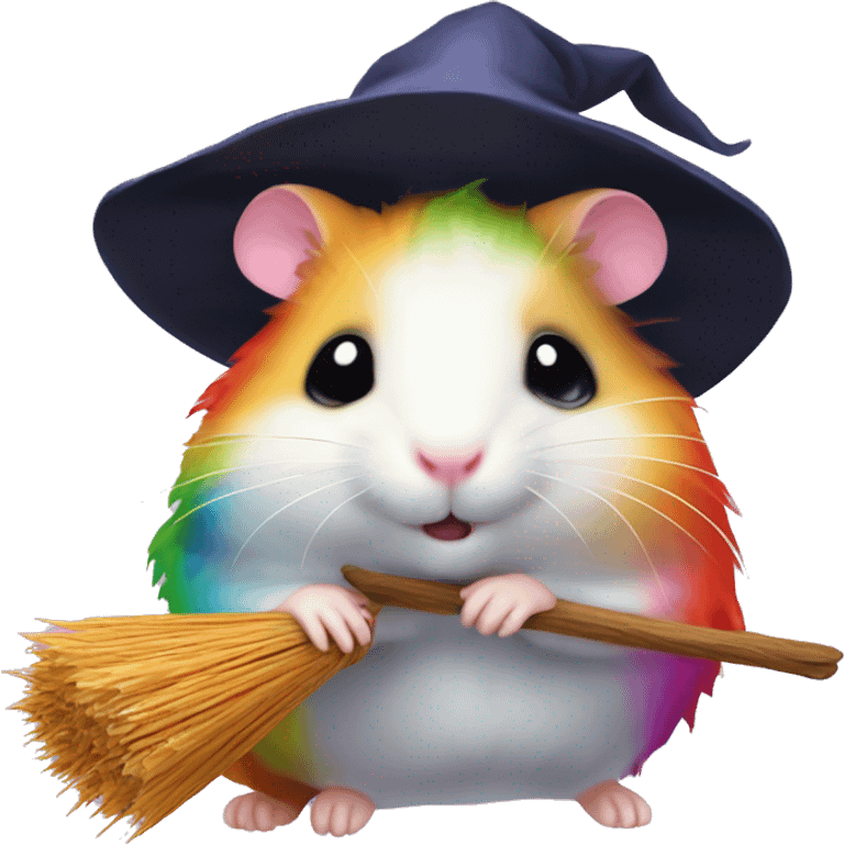 Kawaii rainbow hamster on witches broom emoji