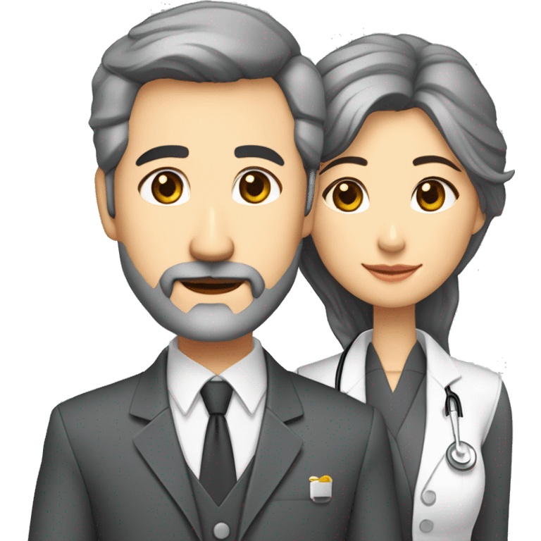 husband preacher middle age dark gray hair trimmed beard business suit, with wife asian age 55 dark hair nurse uniform emoji