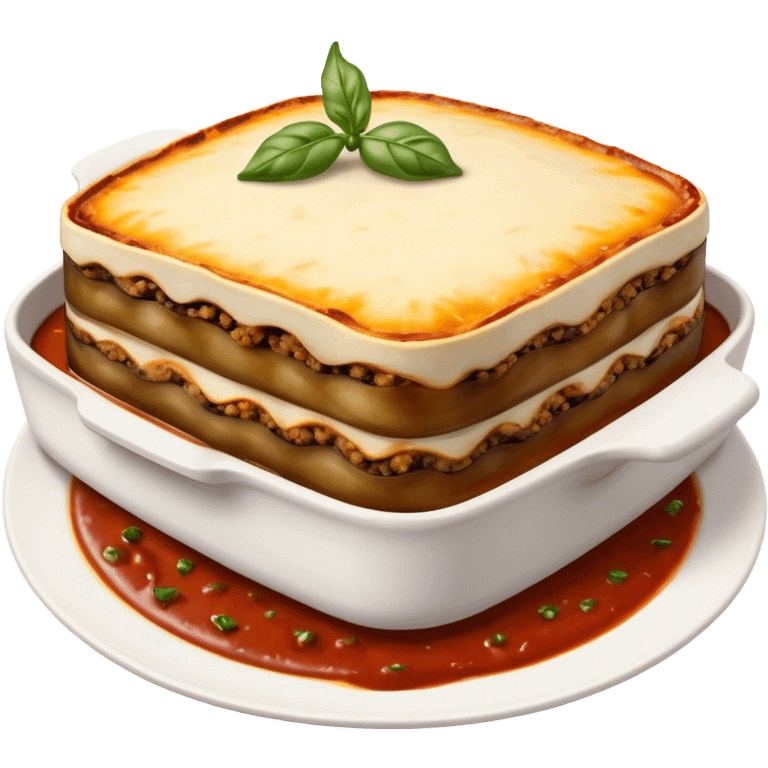 Cinematic Realistic Moussaka Dish Emoji, depicted with layers of eggplant, minced meat, and b√©chamel sauce rendered with rich textures and warm, inviting lighting that captures its Mediterranean flavor. emoji