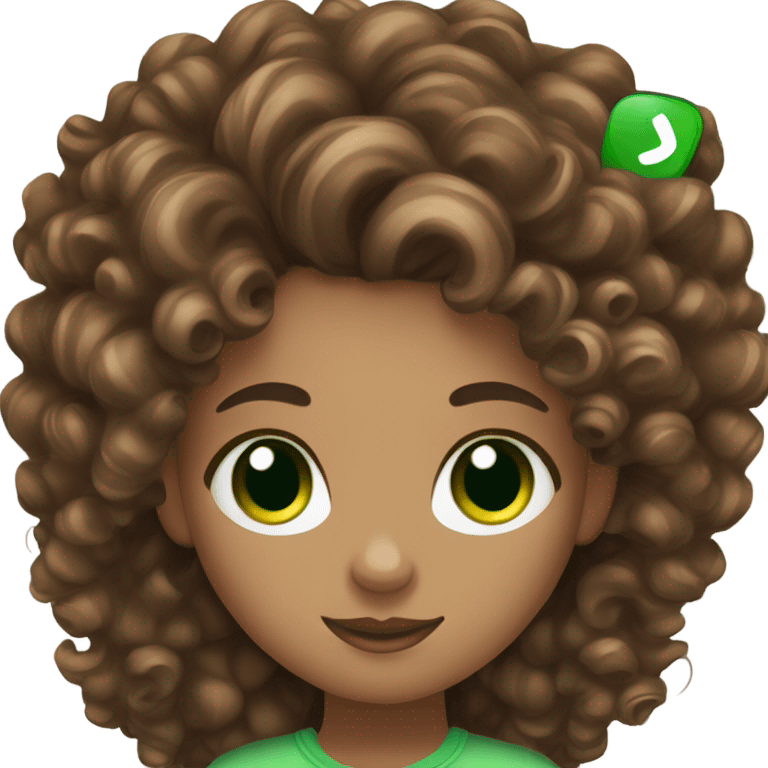 girl with green eyes and curly brown hair and long lashes holding her phone emoji