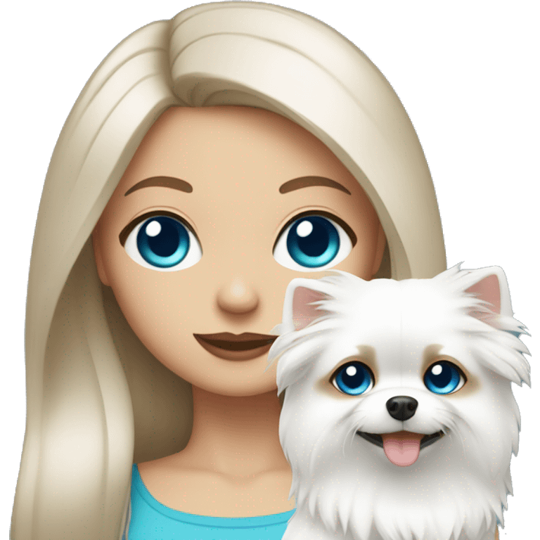 White Brunette girl with blue eyes holding a white pomeranian  emoji