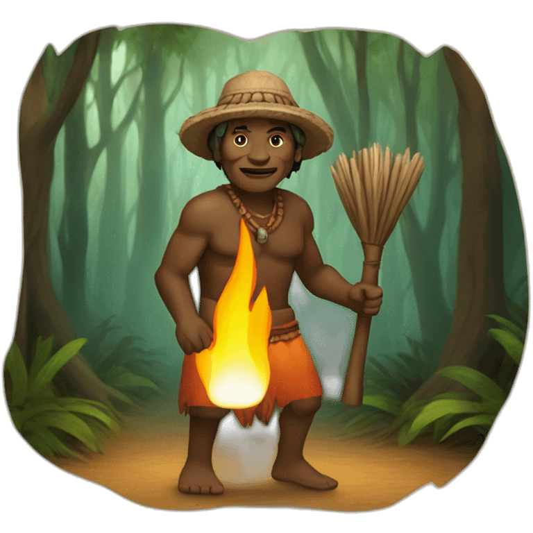 Aborigine in the wood with fire torch emoji