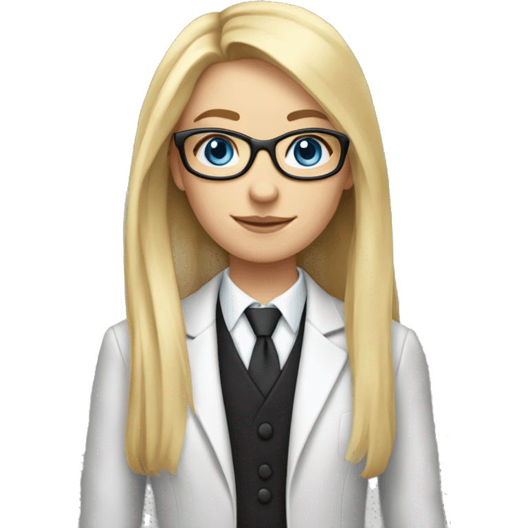 A girl with long blond hair, blue eyes, fair skin, glasses, in a black suit emoji