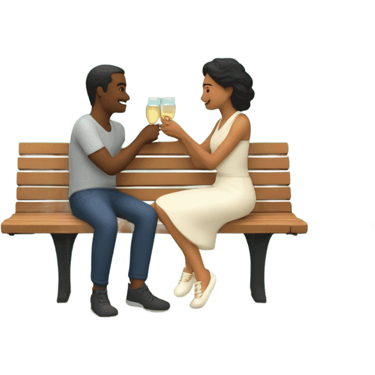 couple sitting closely on a park bench, enjoying a romantic moment. One person is holding a croissant, and the other is holding a glass of Prosecco. Surround them with a relaxed atmosphere, such as greenery or flowers, to create a cozy and intimate vibe emoji