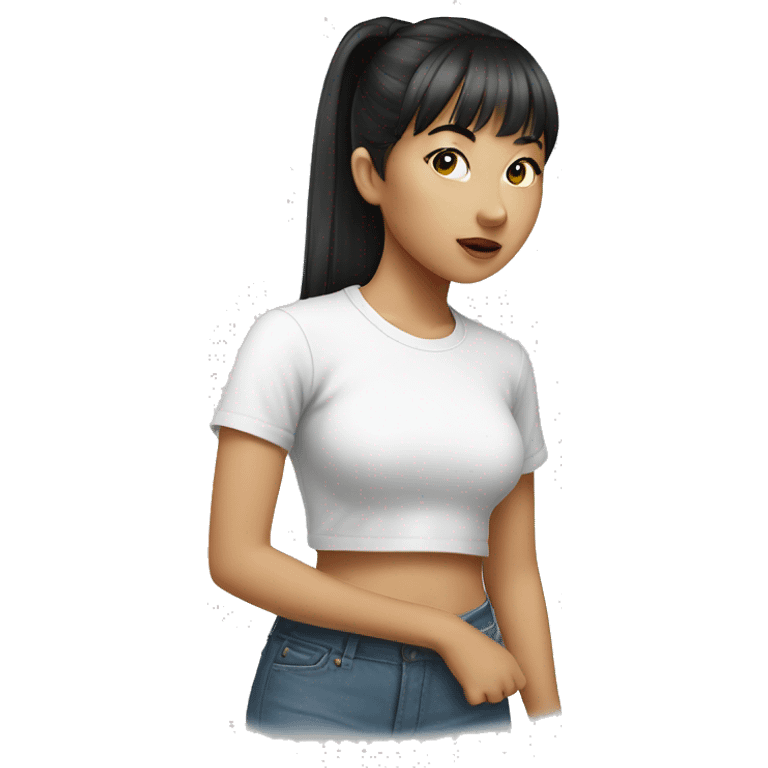 Asian girl with bangs and high ponytail, white tee shirt  emoji