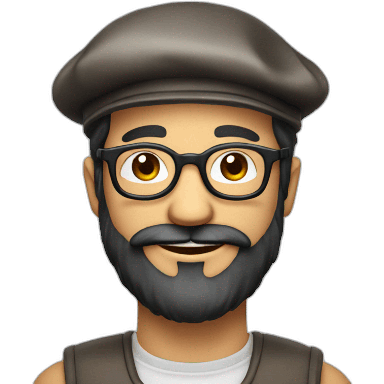 happy smile harvester face long dark beard and short dark hair with little transparent glasses and a french beret emoji