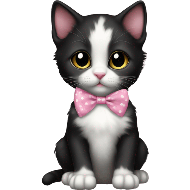 Baby Full body Tuxedo kitten with a pink polka dot ribbon Hazel eyes emoji