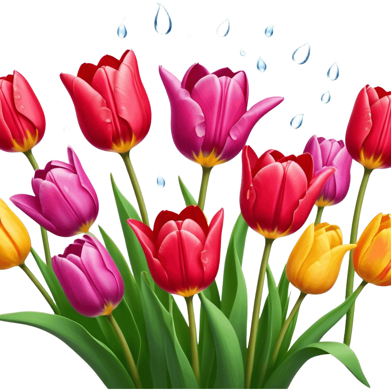 Tulips – Cinematic Realistic Tulips, depicted as a vibrant field of blooming tulips in brilliant hues, each delicate petal catching dewdrops under soft, natural spring light, rendered with detailed textures and a dreamy, picturesque glow. emoji