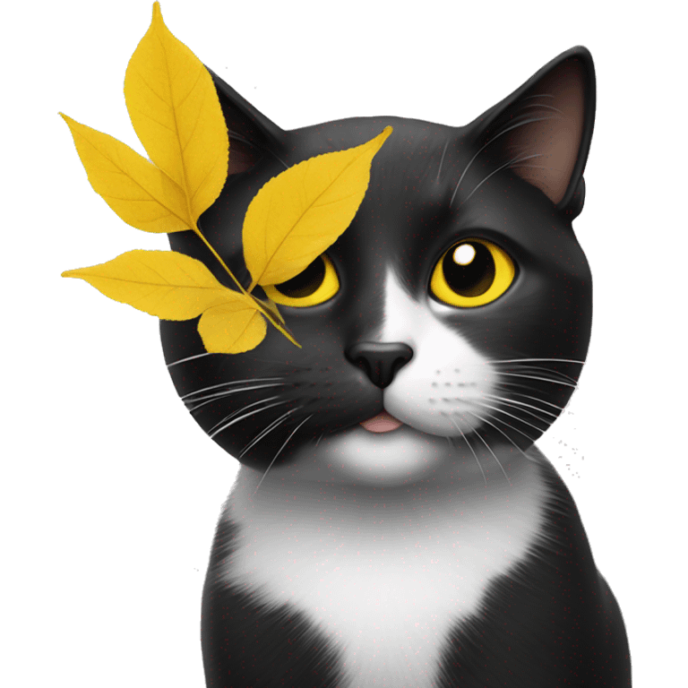 Black and white cat with a yellow leaf on the topnof its head emoji