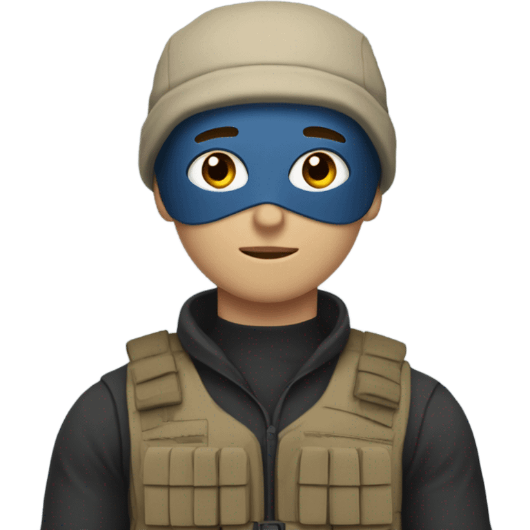 White male, face mask, tan tactical gear, tan pants, combat boots, black beanie, blue eyes emoji