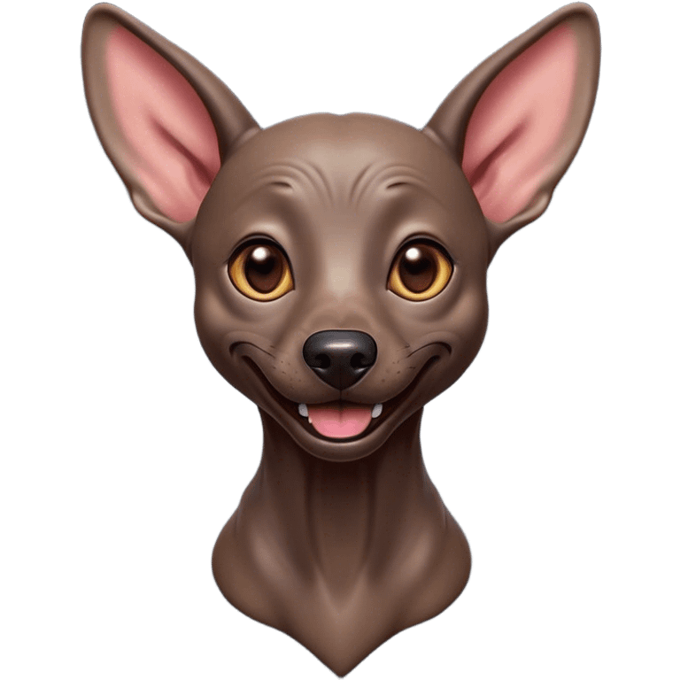 Cinematic Comical Xoloitzcuintle dog Portrait Emoji, Head tilted dramatically with an exaggeratedly amused expression, featuring smooth, hairless ebony skin with pronounced wrinkles and wide, expressive dark eyes filled with playful disbelief, Simplified yet hilariously expressive features, highly detailed, glowing with a slightly sassy glow, high shine, dramatic yet playful, stylized with an air of cheeky mischief, bright and endearing, soft glowing outline, capturing the essence of a spirited and over-the-top companion, so meme-worthy it feels like it could side-eye its way into internet fame instantly! emoji