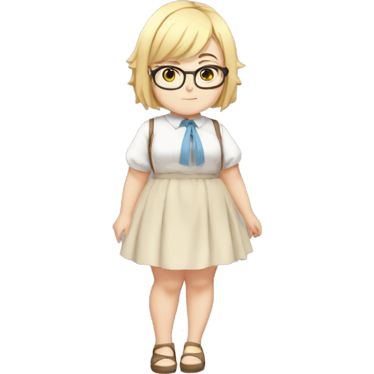 Chubby anime girl with glasses and short blond hair, full body wearing cute dress emoji