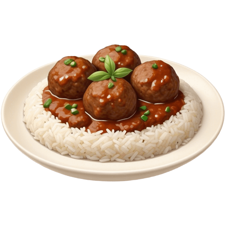 Kofte Cinematic Realistic Kofte Dish Emoji, depicted as spiced meatballs served alongside a portion of fragrant rice, rendered with rich textures and warm, appetizing lighting. emoji