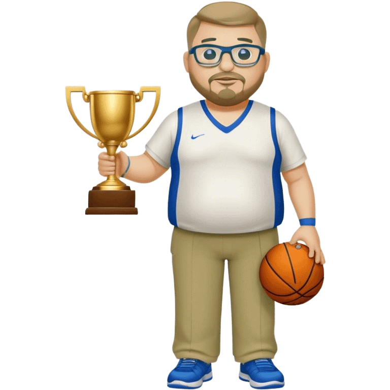 full body white obese male basketball coach with trophy. Goatee , Wearing glasses and blue and green polio and khaki pants emoji