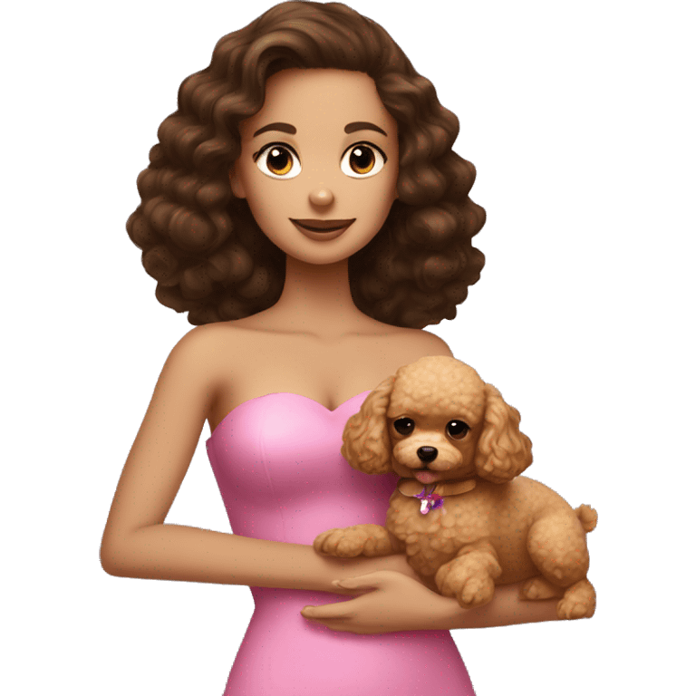 Brunette girl in pretty pink strapless top holding a golden toy poodle emoji