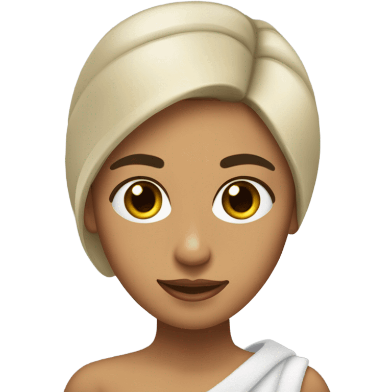 Chica morena de pelo corto con toalla y una mascarilla facial emoji