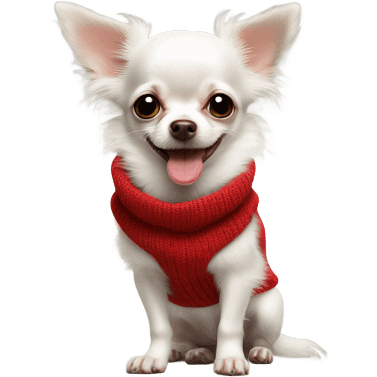 Cute white hairy puppy chihuahua with tongue out and red sweater emoji