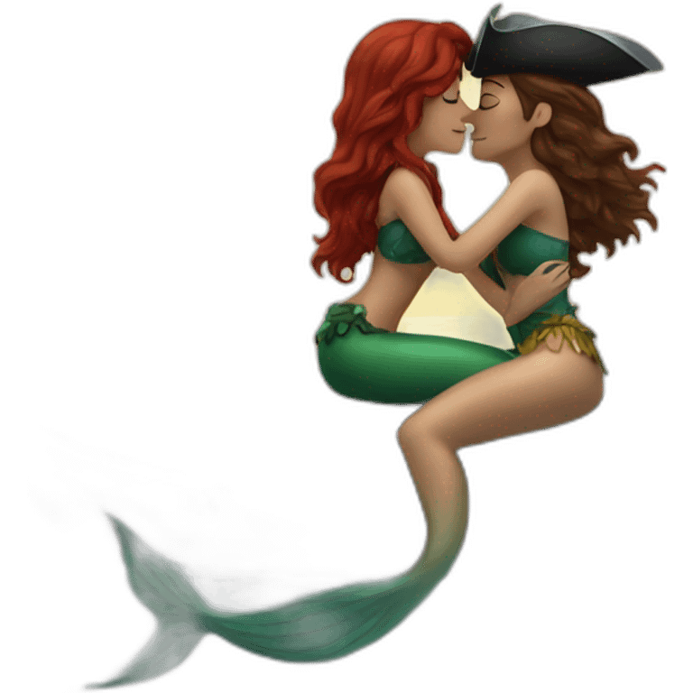 Brown haired mermaid and woman pirate kissing emoji