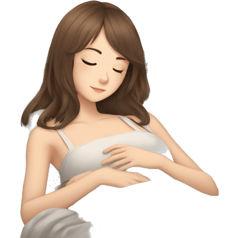 anime girl with long brown hair cut in a shag hairtyle sleeping  emoji