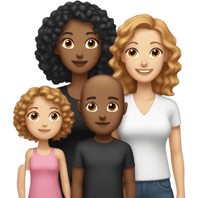 Mixed race mum with curly hair, wearing black, white dad who is bald with ginger beard and blue eyes wearing white and two daughters with tanned skin, light brown hair and wearing pink emoji